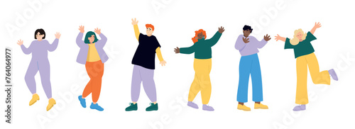 Happy free diverse party people dancing and jumping in air. Concept of freedom, happiness and aspirations. Colored flat vector illustration isolated on simple background