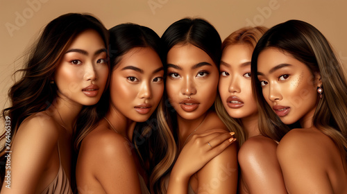 group of beautiful multicultural woman with perfect skin in front of beige studio background. Skin care treatment advertisement