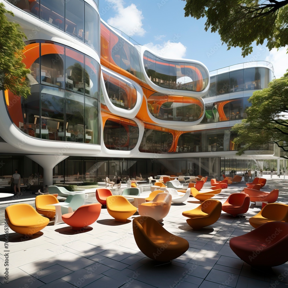 Fototapeta premium A large library with colorful bookshelves brightly colored.. Interior Design 
