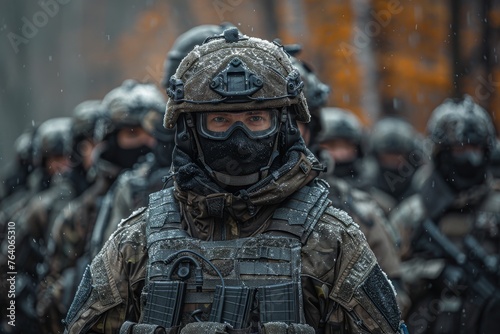 Elite soldiers clad in winter camouflage gear, reflecting themes of strategic military operations and teamwork