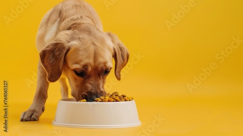 Lobrador eats food from a bowl on a yellow background © Дмитрий Баронин