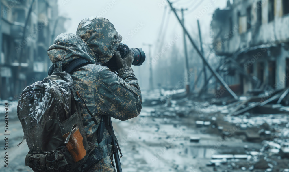 Professional war press photographer wokring in a dystopian war zone