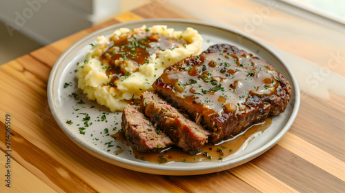 Sliced meatloaf and mashed potatoes. Food at the restaurant. High-resolution