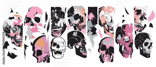 The terrifying retro modern design for Halloween has grungy halftone skulls, a streetwear print, and a 90s typography. Urban Graffiti Art elements set. photo