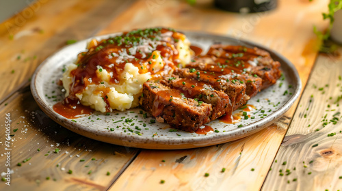 Sliced meatloaf and mashed potatoes at the restaurant. High-resolution