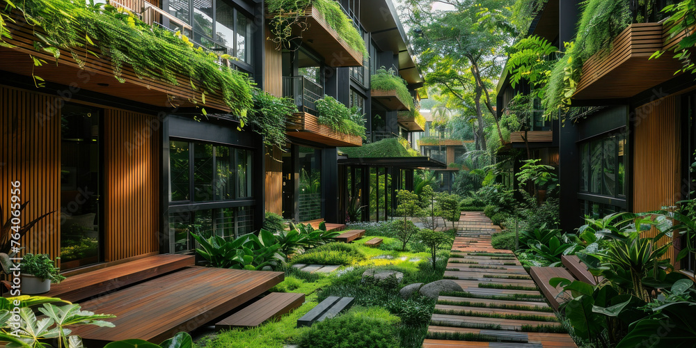 Urban Oasis Serene Walkway Surrounded by Lush Greenery in Apartment Building Interior