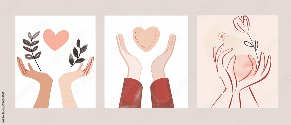 Modern illustration. Modern illustration for Valentine's Day. Hands holding gifts in halftone collage. Modern design with cut out halftone arms.