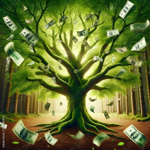 A whimsical money tree with dollar bills for leaves in a vibrant forest, representing wealth and financial growth.