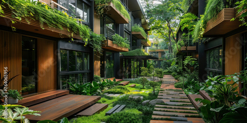 Urban Oasis Serene Walkway Surrounded by Lush Greenery in Apartment Building Interior