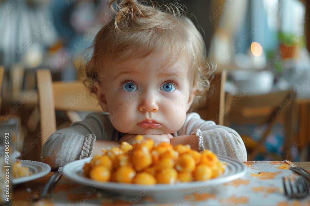 Little blue-eyed child glancing up over a plate full of orange pasta, curious and pensive Little blue-eyed child glancing up over a plate full of orange pasta, curious and pensive