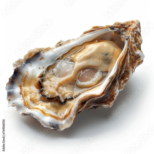 Close-up of an open oyster shell revealing the detailed textures and colors inside, isolated on white background 
