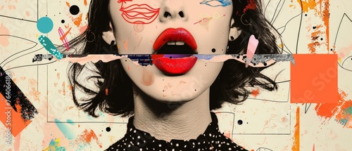 Contemporary grunge banner with doodle elements. Woman's mouth announcing crazy promotions. Retro poster design with modern ads.