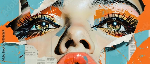 Fashion collage with a woman's face. Eyes, noses, lips. Painted elements. Vibrant magazine background. Modern illustration.