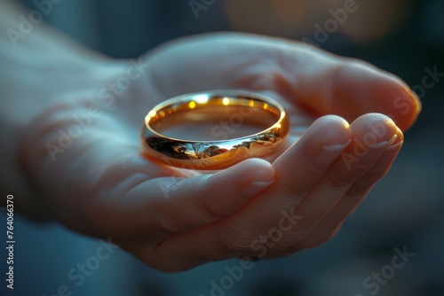 The photo features a close-up view of a person's hand presenting a gold wedding ring, signifying commitment
