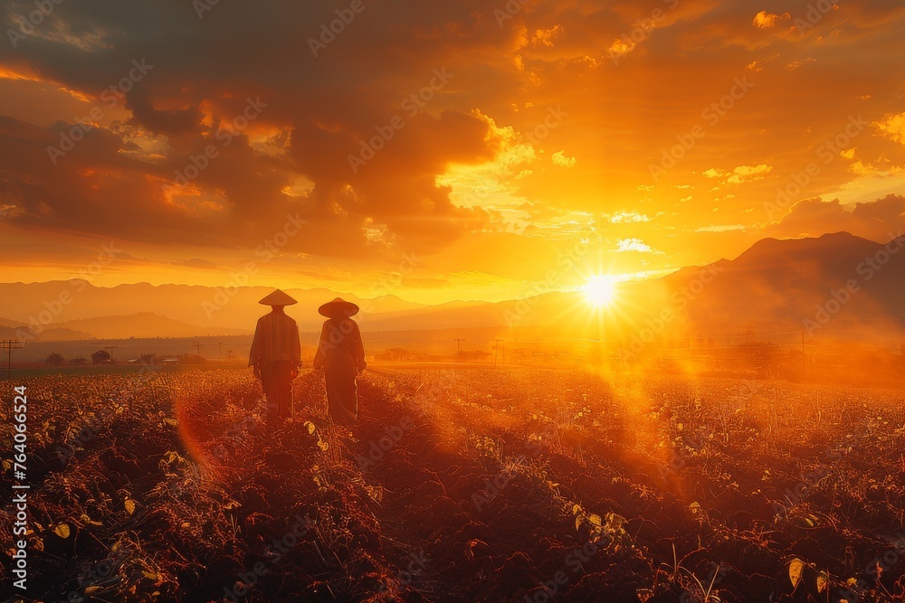 A striking shot of two farmers walking in fields at sunset, evoking warmth and rural life harmony