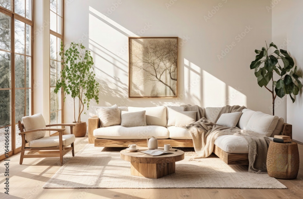 A living room with wooden floors, white walls and large window. Beige sofa with an armchair. wooden coffee table and decorative home interior living room. A living room with wooden floors, white walls and large window. Beige sofa with an armchair. wooden coffee table and decorative home interior living room.