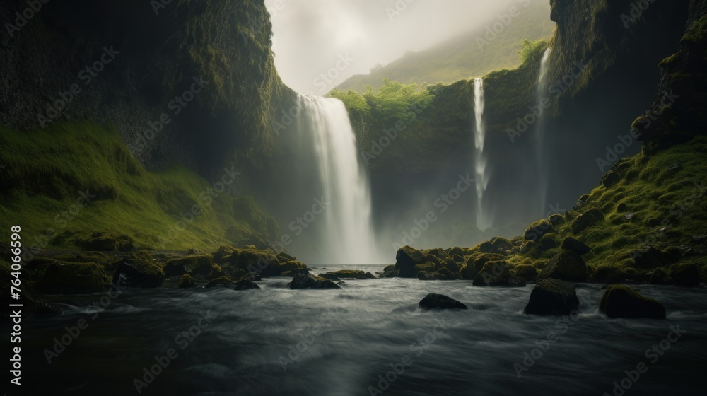 majestic waterfall cascading down a rocky mountain covered in trees - obrazy, fototapety, plakaty 
