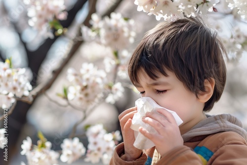 boy sneezing into a paper tissue trees in bloom in the background, spring allergies