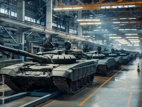 Military tanks lined up in a factory setting, indicating large-scale production and defense readiness.