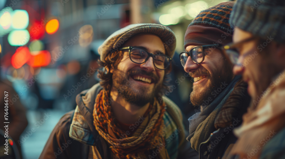 Three men are smiling and laughing together