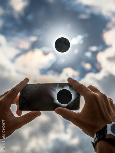 Close-up of hands holding mobile phone and taking pictures of solar eclipse