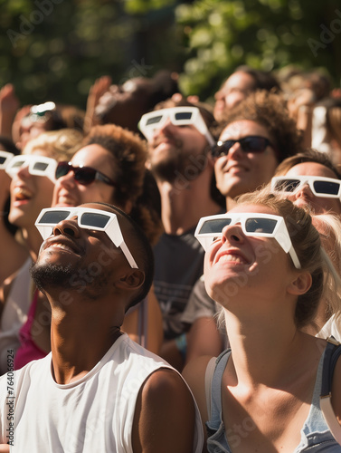 Group of excited people watching solar eclipse through safe solar viewing glasses photo