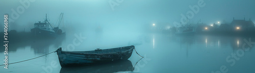 A foggy harbor at dawn boats gently sway