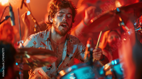 A man is playing drums in a band with other people