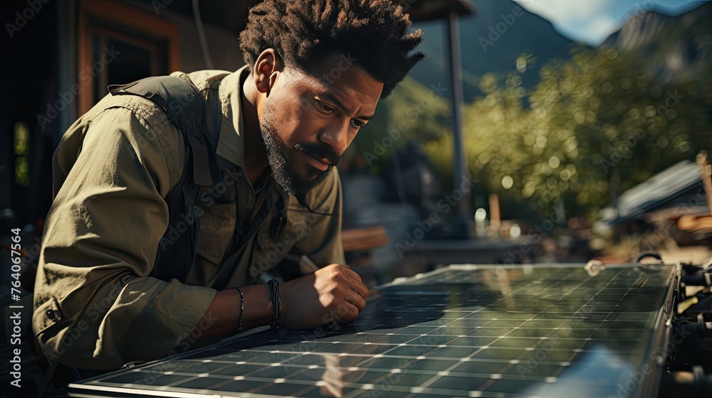 african american engineer installing a solar panel african american engineer installing a solar panel