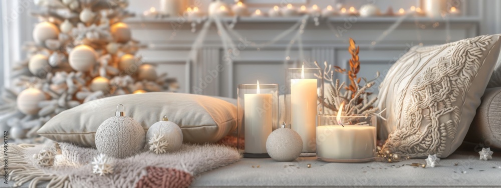 Gray sofa with warm knitted plaid and pillows. Burning aroma candles with Christmas or New Year decor on background. Cozy home concept. Autumn or winter atmosphere. Still life details of living room Gray sofa with warm knitted plaid and pillows. Burning aroma candles with Christmas or New Year decor on background. Cozy home concept. Autumn or winter atmosphere. Still life details of living room