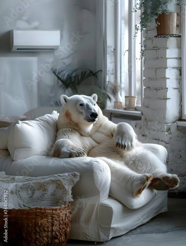 A polar bear lying on a sofa in a modern living room. High quality