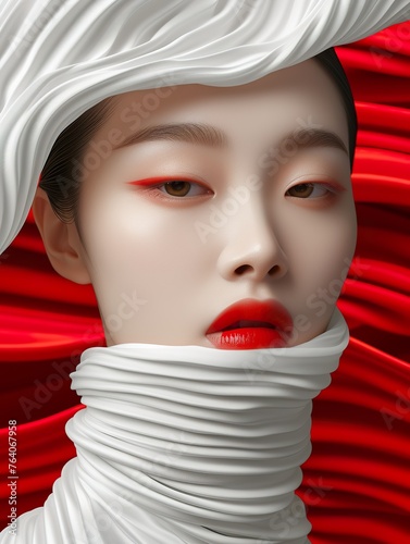 Art photography, abstract, smooth lines, exquisite, minimalist, fantasy, optical illusion, a Chinese fashion female model red concept © JetHuynh