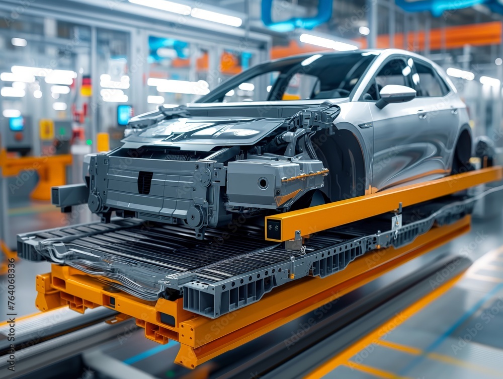 Partially assembled car on an industrial conveyor belt with a focus on automation and precision manufacturing.