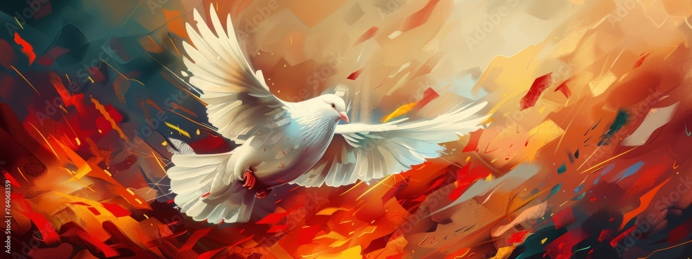 White dove in fire in the war. World peace day. Stop war in Ukraine. Peace crisis, no war, equality and love concept. Hiroshima Day. Background for banner, slogan, card, poster - obrazy, fototapety, plakaty 