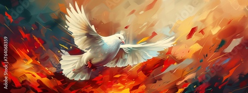 White dove in fire in the war. World peace day. Stop war in Ukraine. Peace crisis, no war, equality and love concept. Hiroshima Day. Background for banner, slogan, card, poster photo