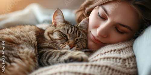 beautiful girl in a sweater sleeps hugging her beloved cat, poster
