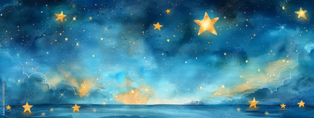 Golden stars  surrounded by blue clouds on night sky. Cute children background. Watercolor baby backdrop with copy space for greeting card, print, invitation,  poster, nursery, baby shower - obrazy, fototapety, plakaty 