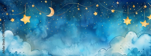 Golden stars  surrounded by blue clouds on night sky. Cute children background. Watercolor baby backdrop with copy space for greeting card, print, invitation,  poster, nursery, baby shower photo