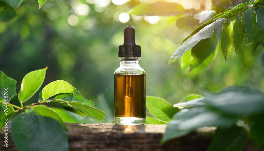 Mock-up of brown glass brown cosmetic serum bottle and green leaves. Dropper bottle. Organic skin care product. Mock-up of brown glass brown cosmetic serum bottle and green leaves. Dropper bottle. Organic skin care product.