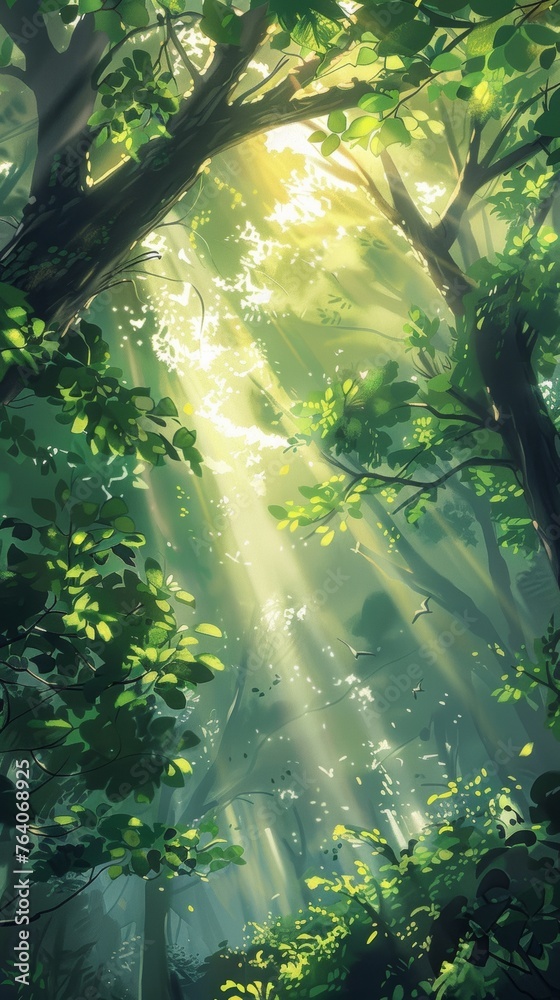 Obraz premium Sunlight piercing through the forest canopy