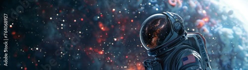 panoramic 32.9 astronaut with a suit floating in space observing the stars, galaxies, planets, nebulae, sun, star dust, comets, asteroids, constellations in high resolution and quality