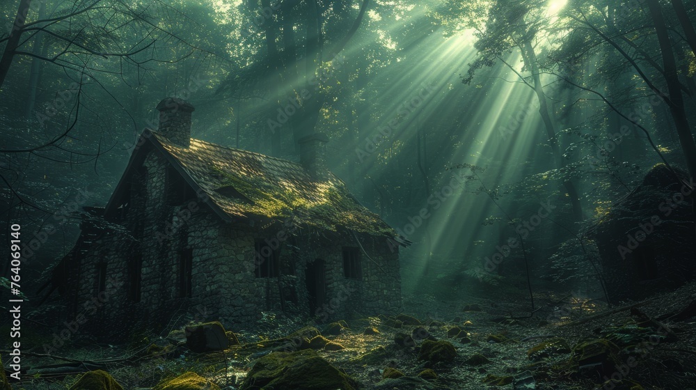 Enchanted cottage in a misty forest with sunbeams - obrazy, fototapety, plakaty 