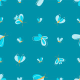 Butterflies and moths fly on a blue background. Spring seamless pattern. Template for paper, textile. 