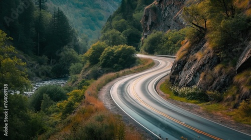 Scenic road trip scene with a winding road, surrounded by nature and adventure