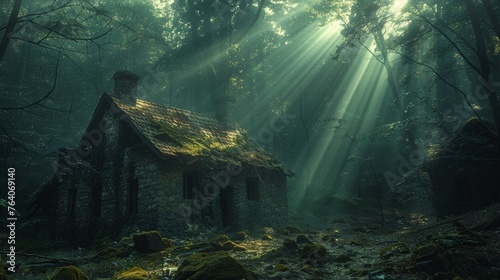 Enchanted cottage in a misty forest with sunbeams photo