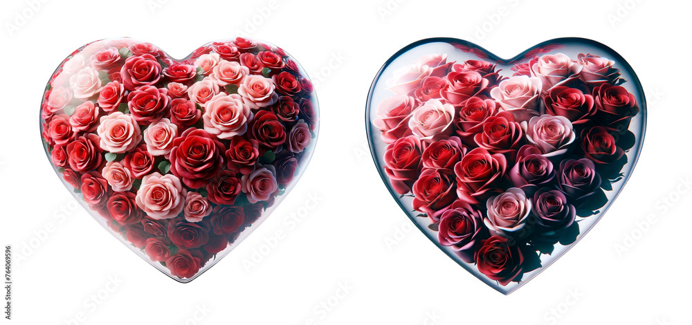 3d realistic rose flower glass heart icon set isolated on a transparent background. 3d realistic rose flower glass heart icon set isolated on a transparent background.