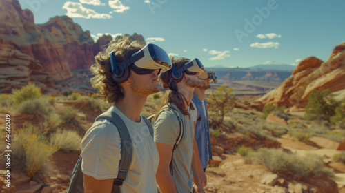 A group of hikers stands in a desert landscape, their senses engaged with virtual reality headsets, contrasting the digital and natural worlds