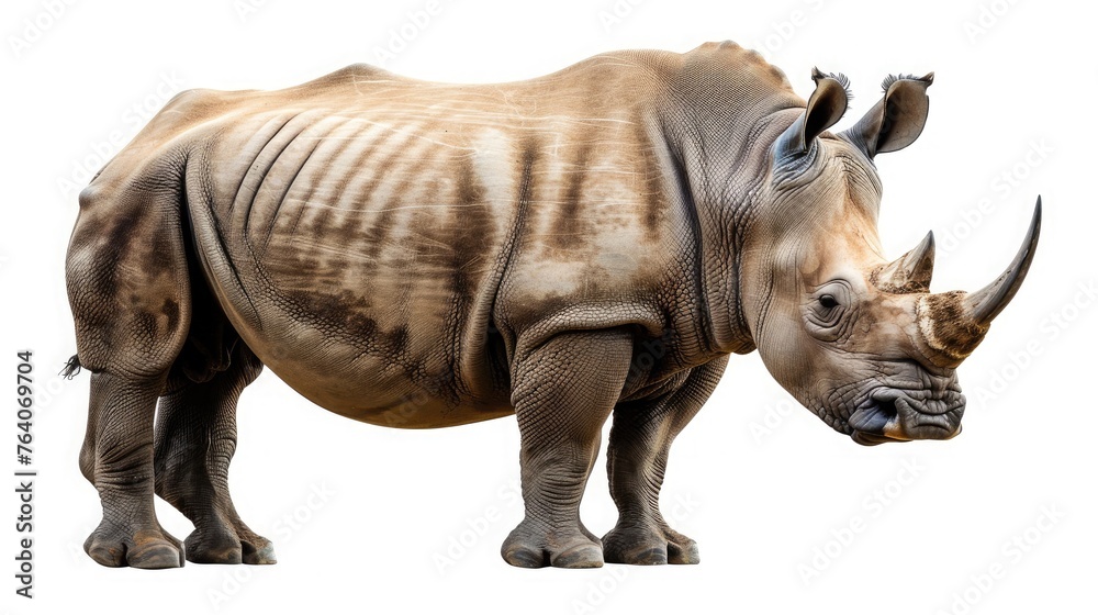 A stoic rhinoceros with a horn gleaming, standing firm and unwavering against a pure white background. A stoic rhinoceros with a horn gleaming, standing firm and unwavering against a pure white background.