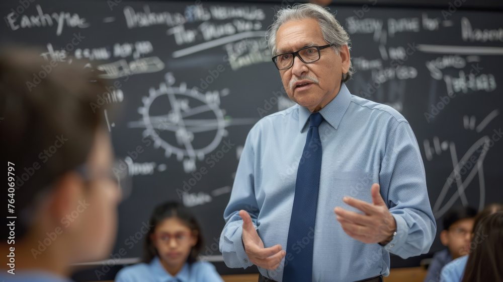 A seasoned educator discusses complex topics with students in front of a chalkboard filled with formulas. A seasoned educator discusses complex topics with students in front of a chalkboard filled with formulas.