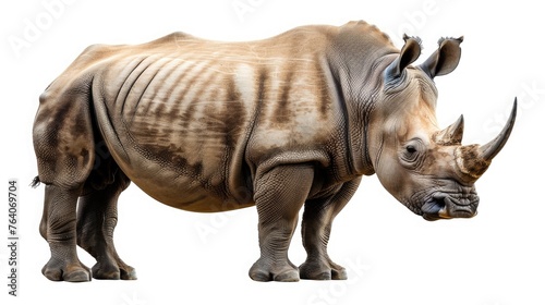 A stoic rhinoceros with a horn gleaming  standing firm and unwavering against a pure white background.